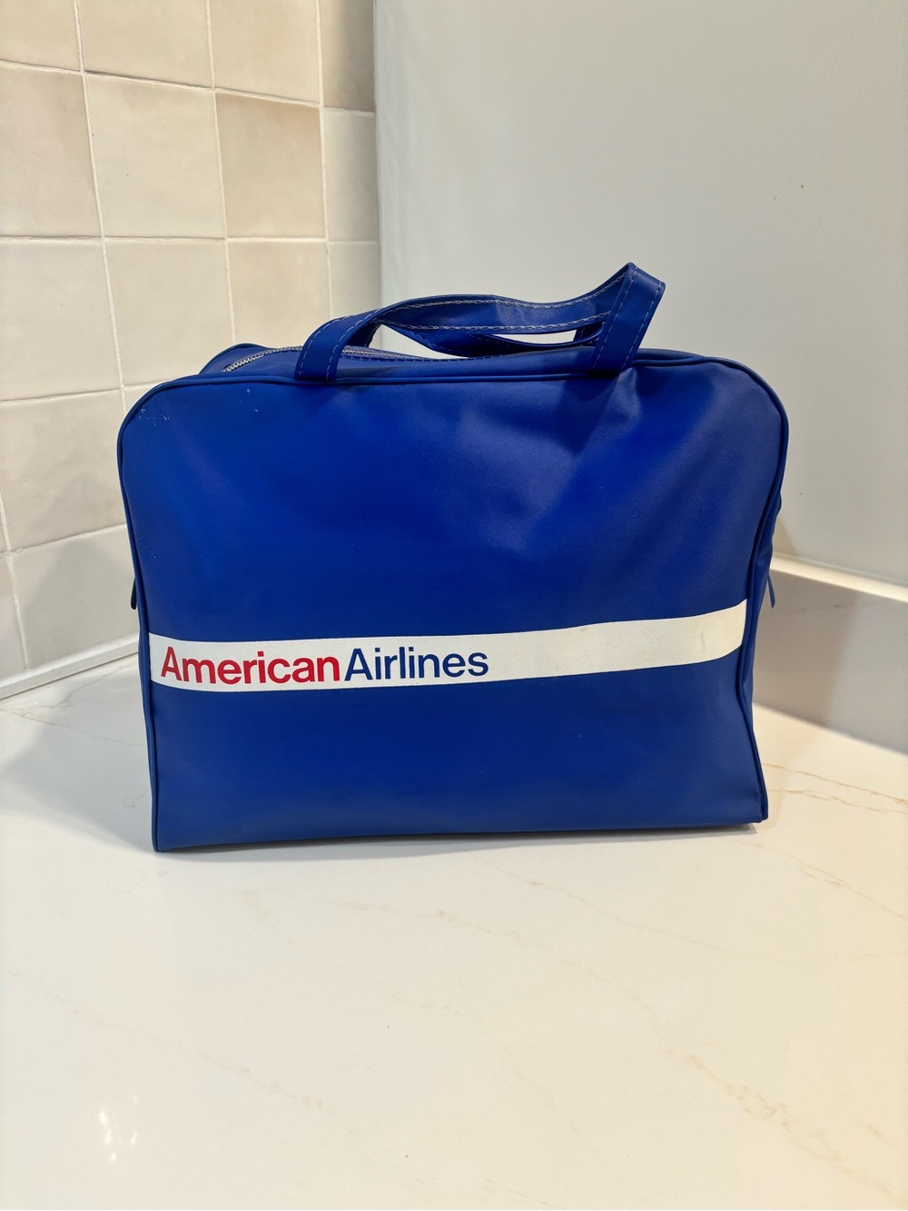 Vintage American Airlines Blue Vinyl Travel Bag Carry On Flight Crew Retro Tote
